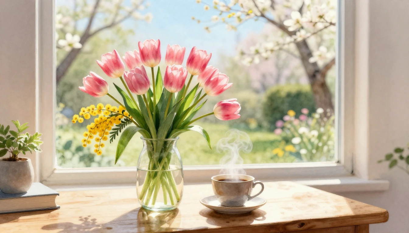 A delicate watercolor painting of a bright spring morning. O...