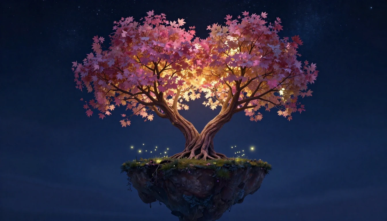 A romantic and whimsical scene depicting two intertwined tre...