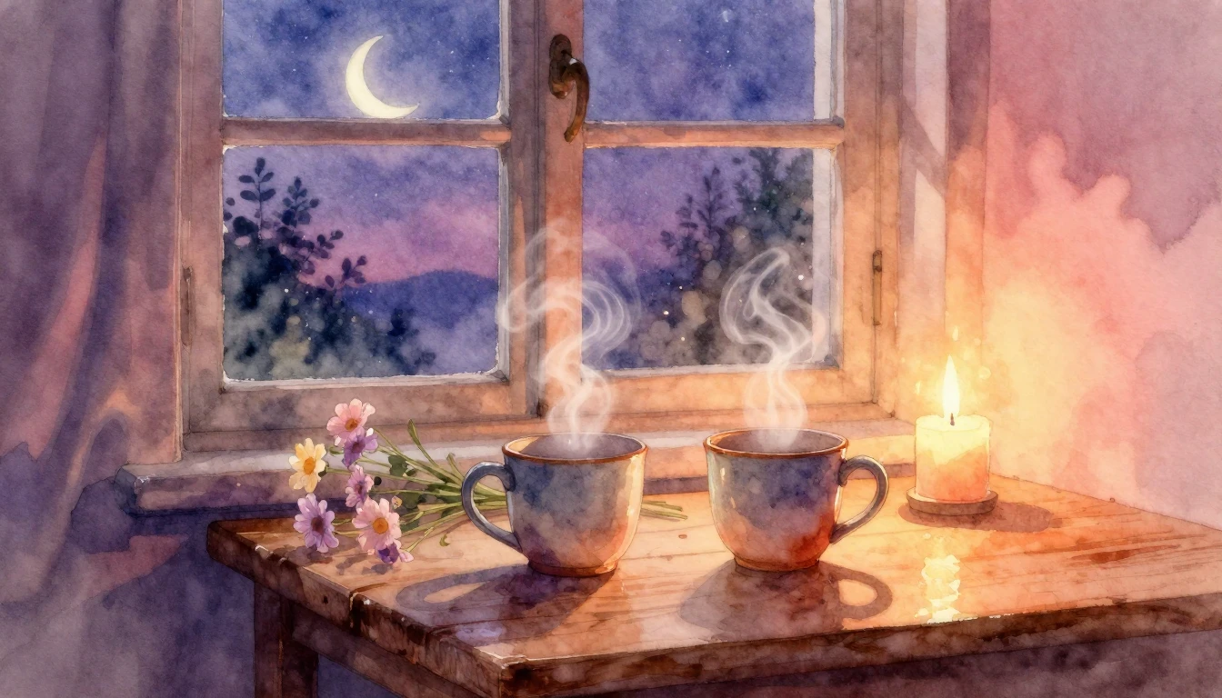 A dreamy and romantic watercolor painting depicting a cozy i...