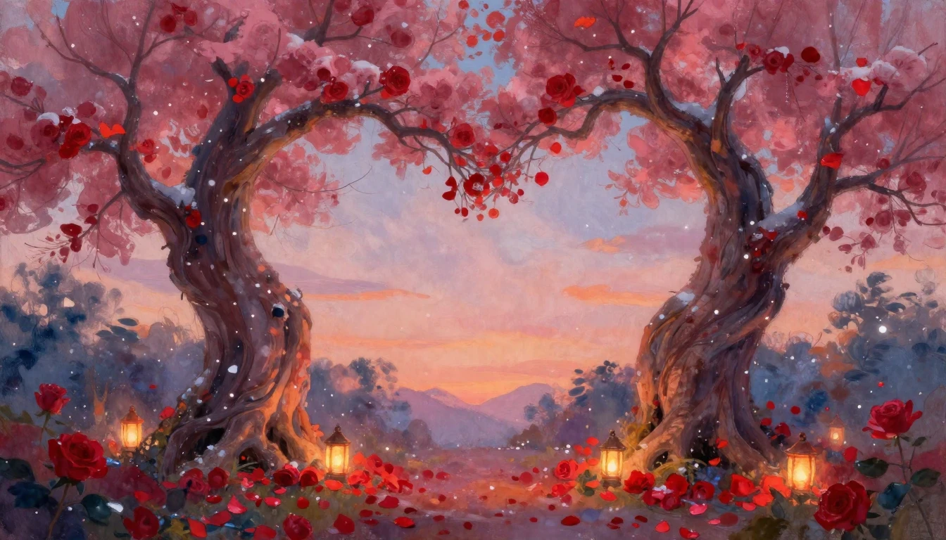 A dreamy and romantic scene depicting two intertwining trees...
