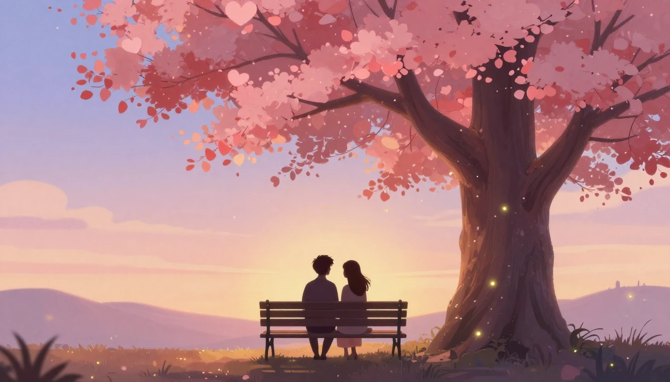 A romantic and dreamy illustration featuring two silhouettes...