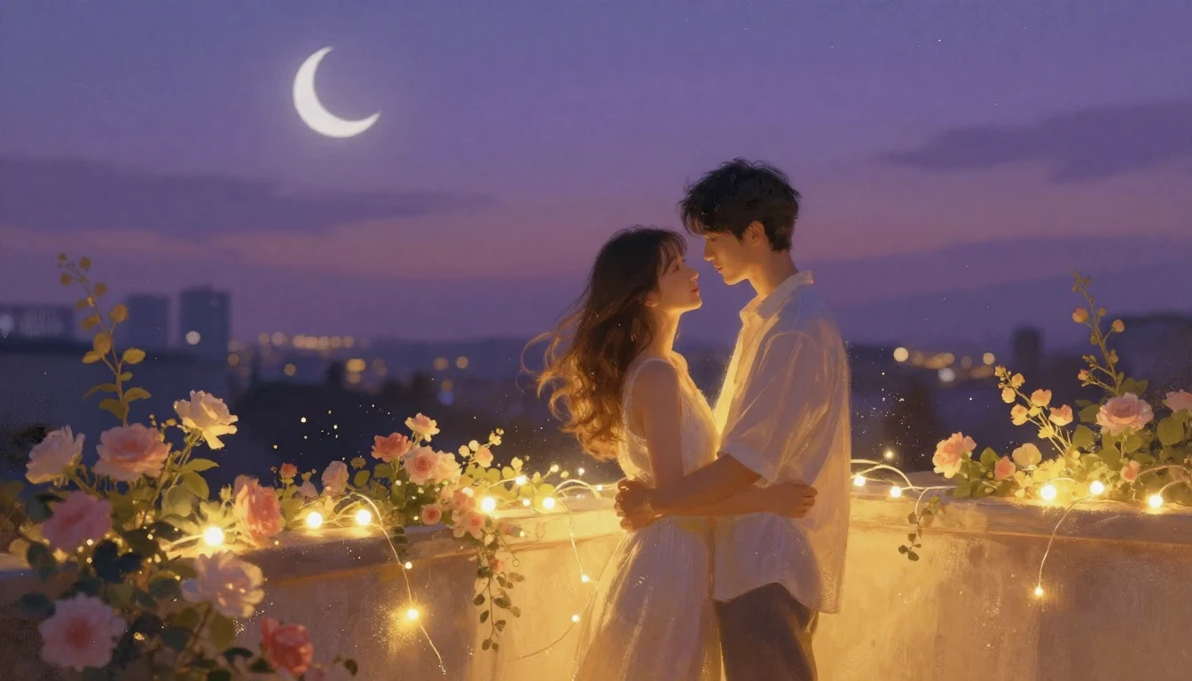 A romantic and dreamy scene of a young couple standing on a ...