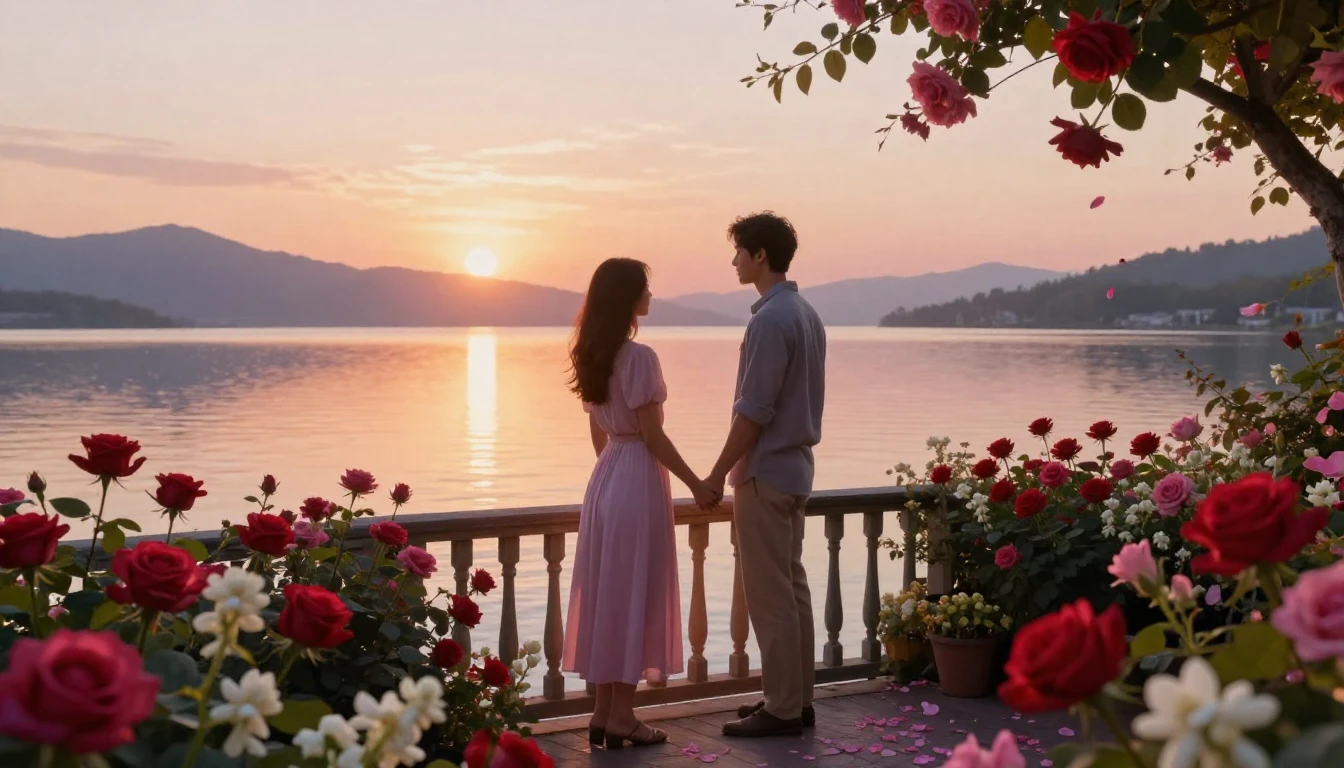 A romantic couple standing on a flower-covered balcony overl...
