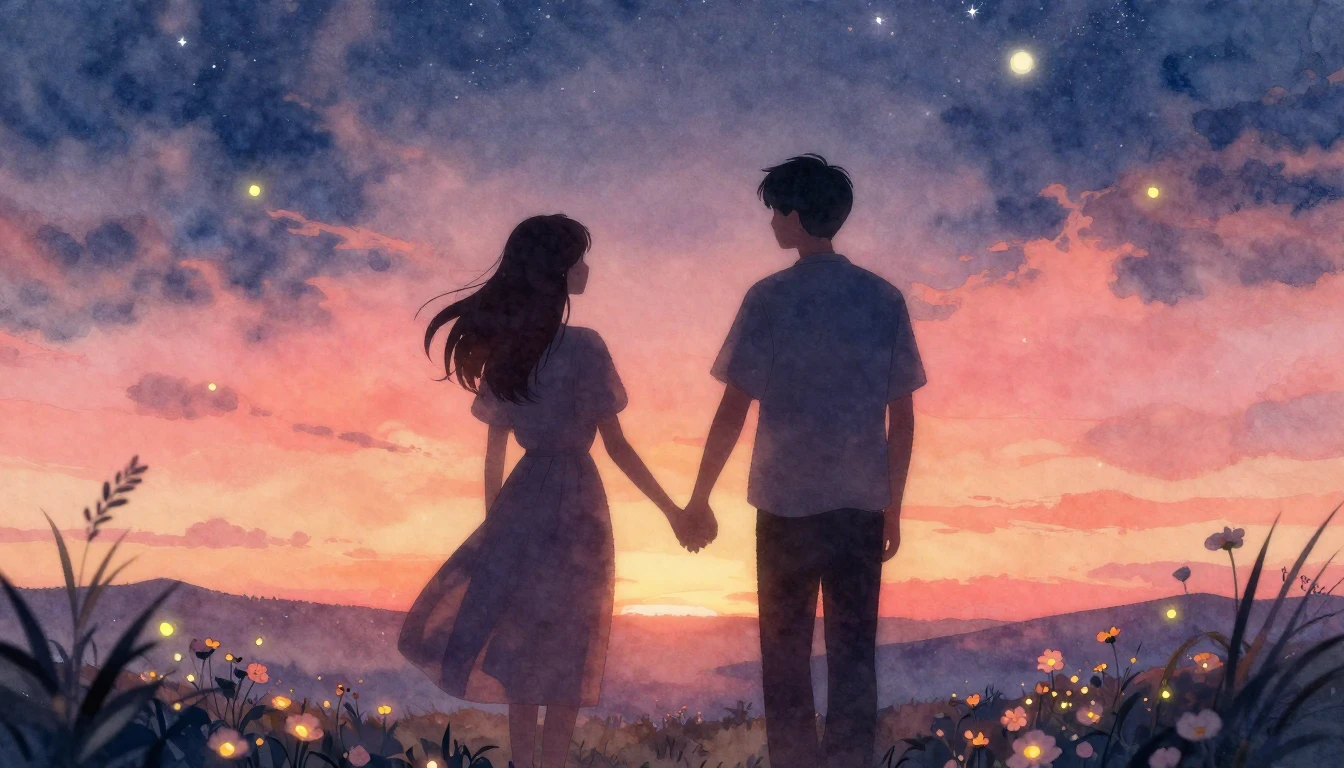 A soft and dreamy watercolor illustration depicting two silh...