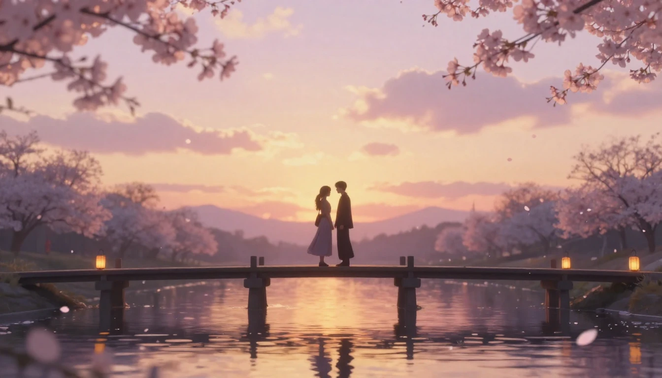 A romantic and ethereal scene featuring two silhouettes of l...