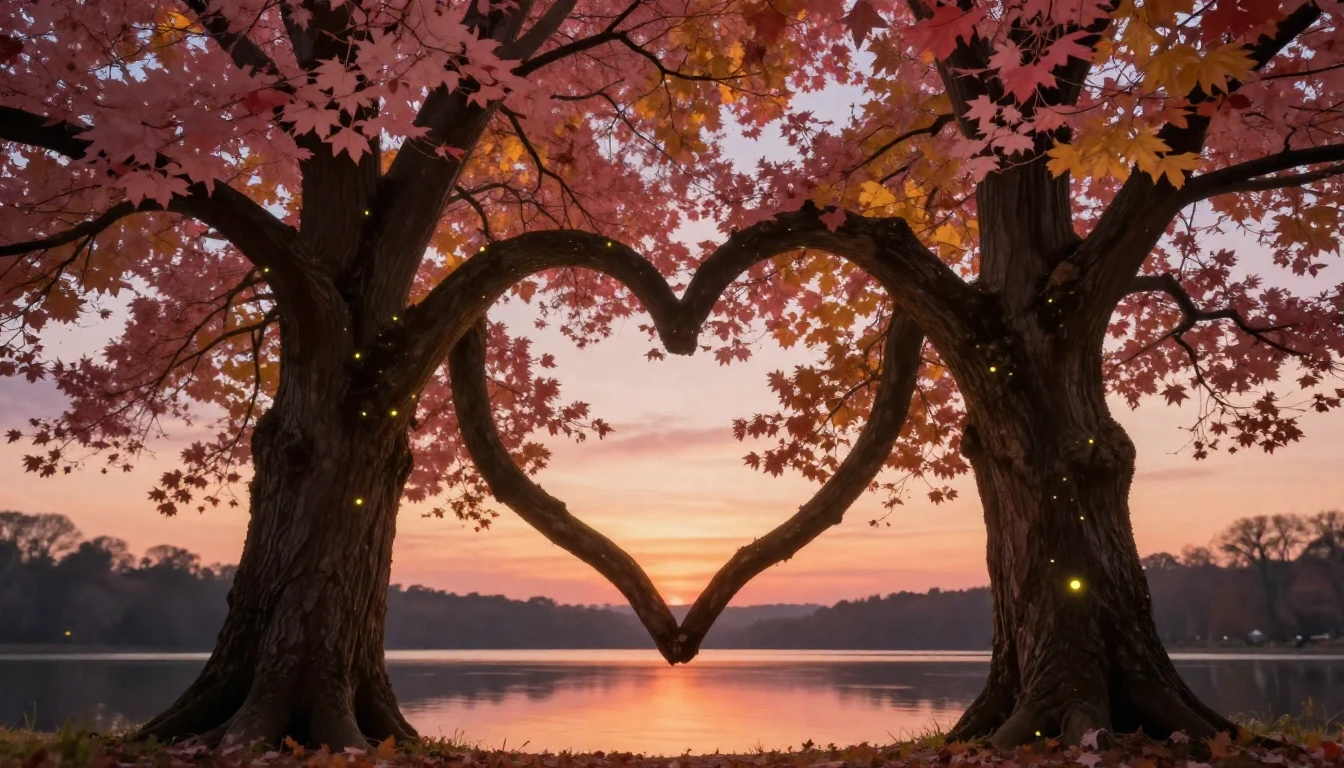 A dreamy and romantic scene featuring two ancient trees with...