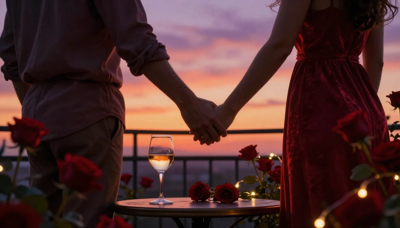 A highly detailed and romantic scene of a couple holding han...