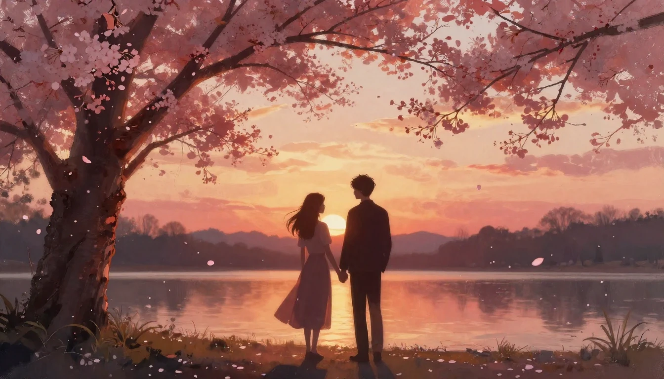 A romantic and ethereal scene featuring two silhouettes stan...