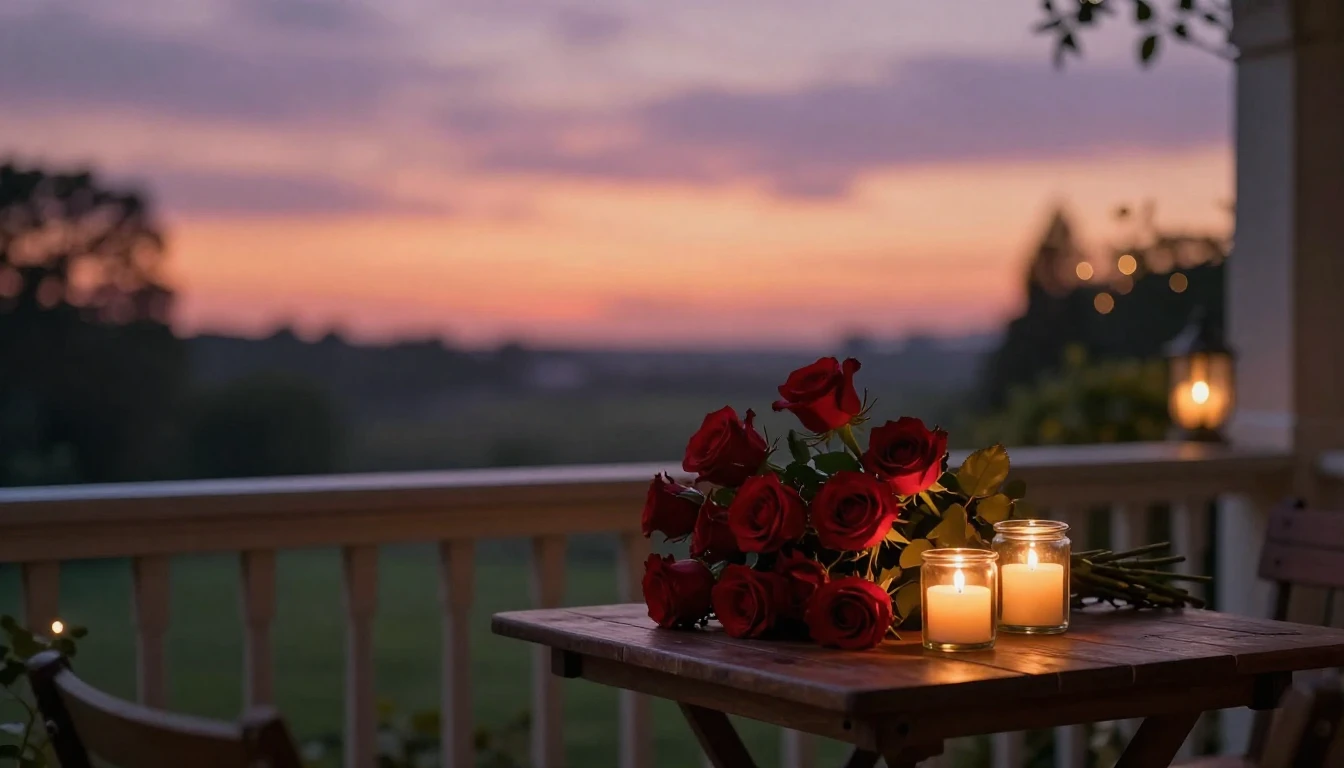 A breathtakingly romantic scene featuring a cozy balcony ove...