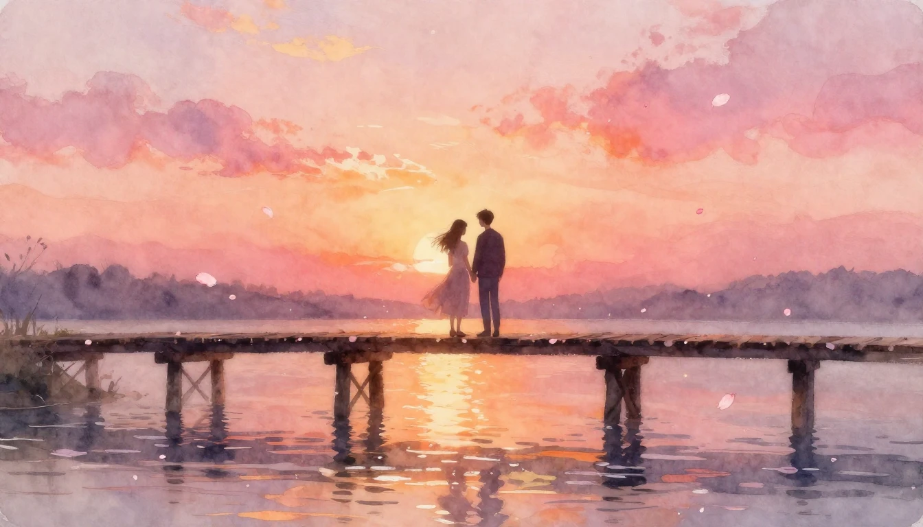 A dreamy and romantic watercolor painting of two silhouettes...
