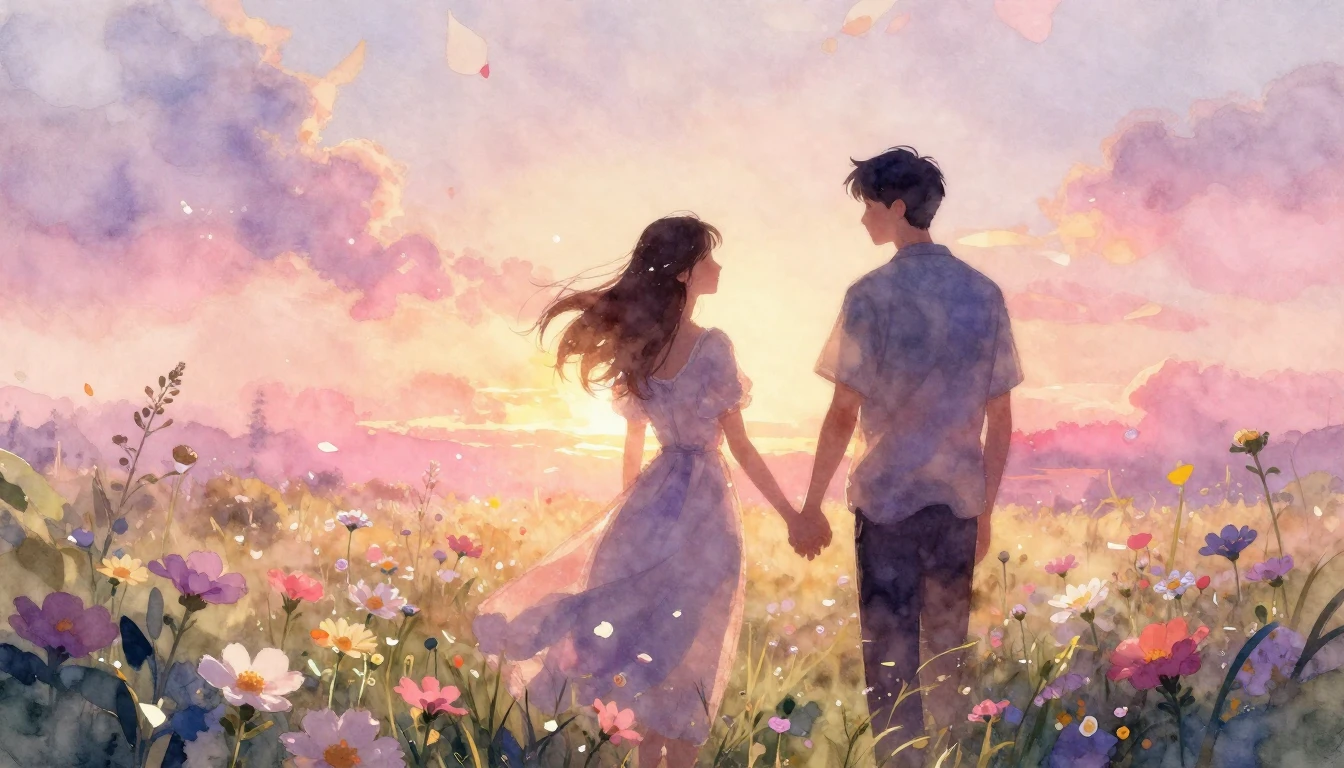 A romantic and dreamy watercolor painting depicting two silh...