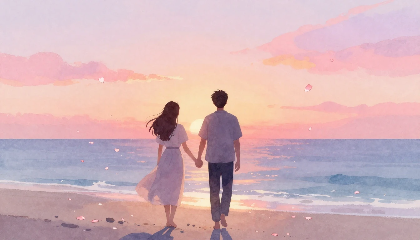 A soft and dreamy watercolor illustration depicting two silh...