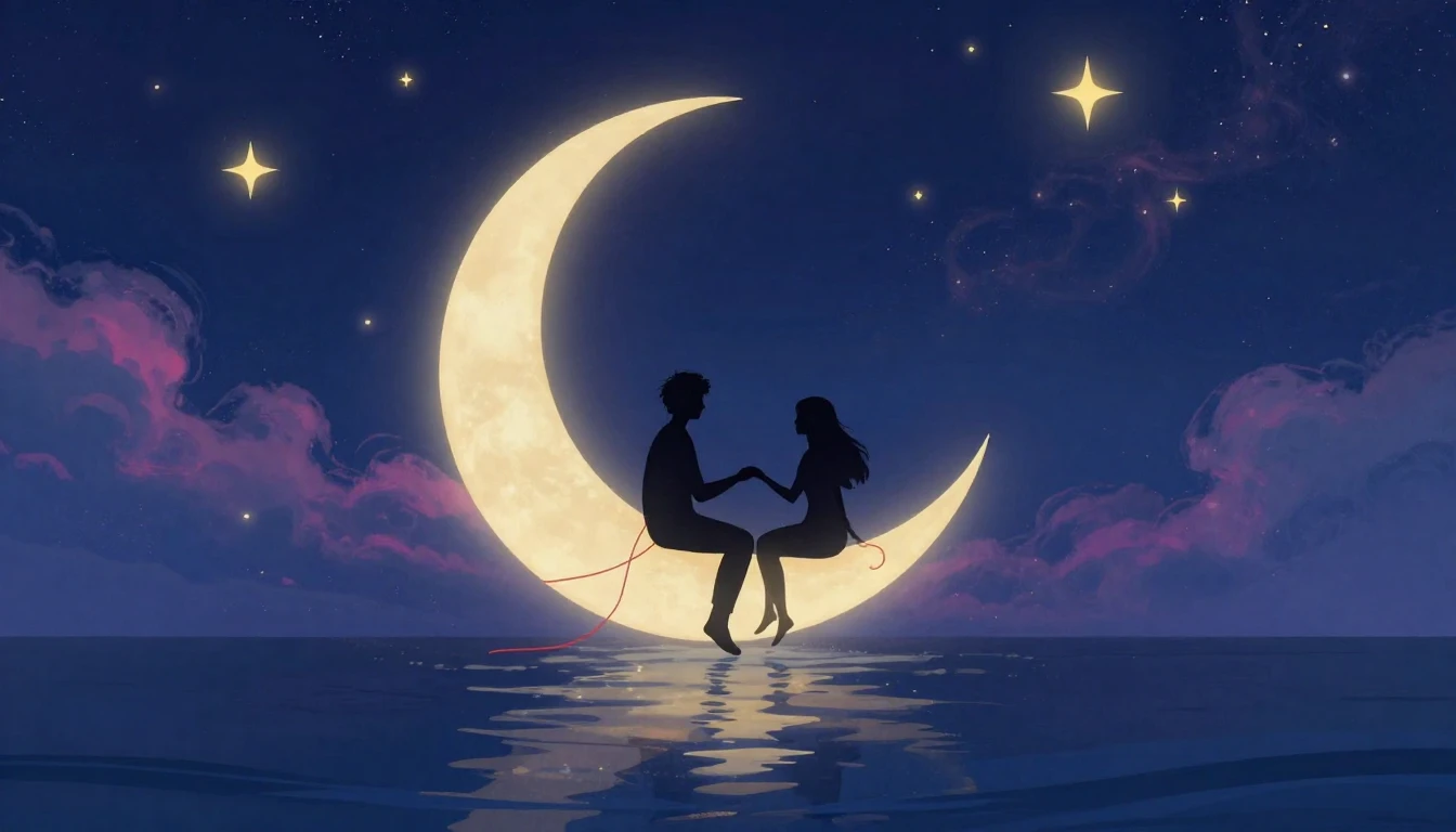 A romantic and dreamy illustration showing two silhouettes s...