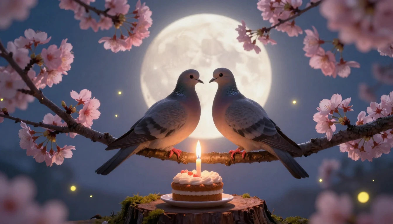 A beautiful romantic scene with two silhouetted doves sittin...