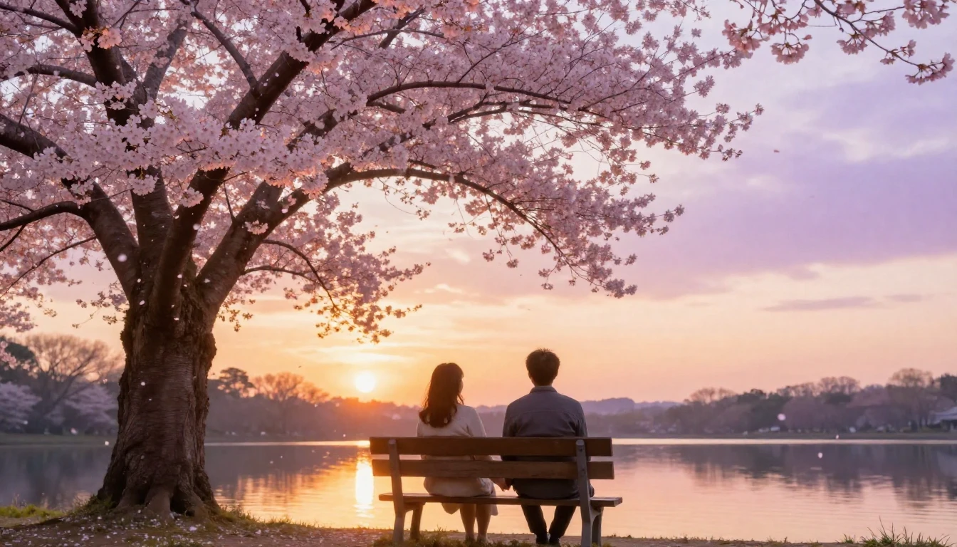 A romantic scene featuring a couple sitting on a wooden benc...