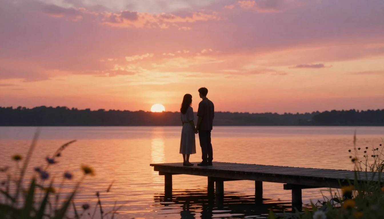 A romantic and intimate scene of two silhouettes standing on...