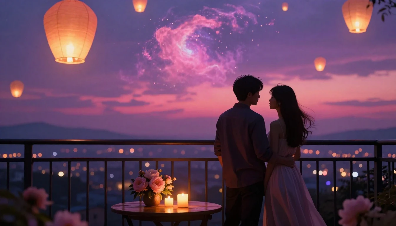 A romantic and ethereal scene of two silhouetted figures sta...