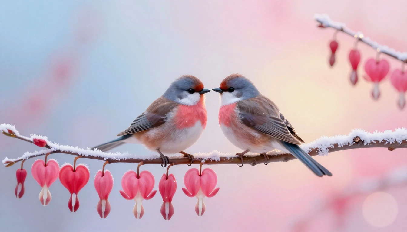 A romantic and soft composition featuring two stylized birds...