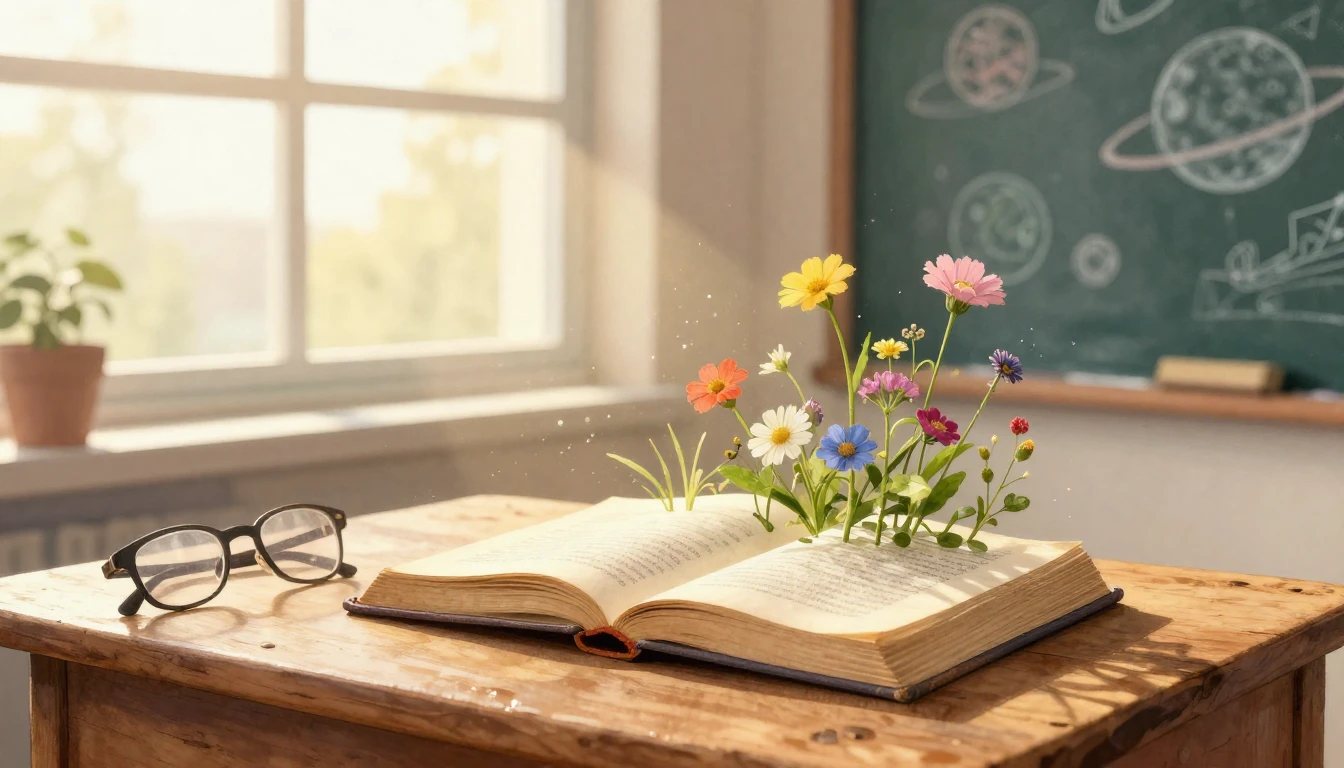 A cozy, sunlit classroom corner filled with symbols of learn...