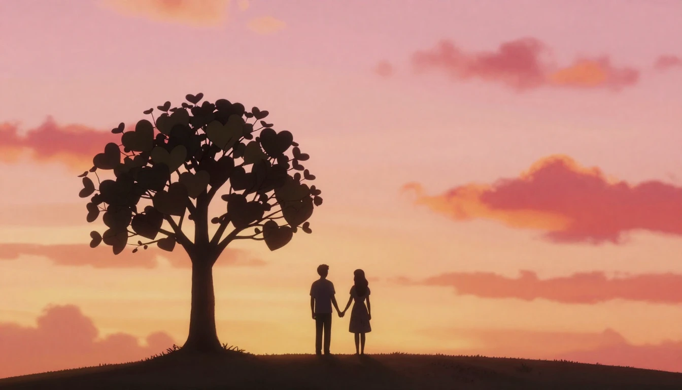 A romantic and dreamy scene featuring two silhouettes standi...