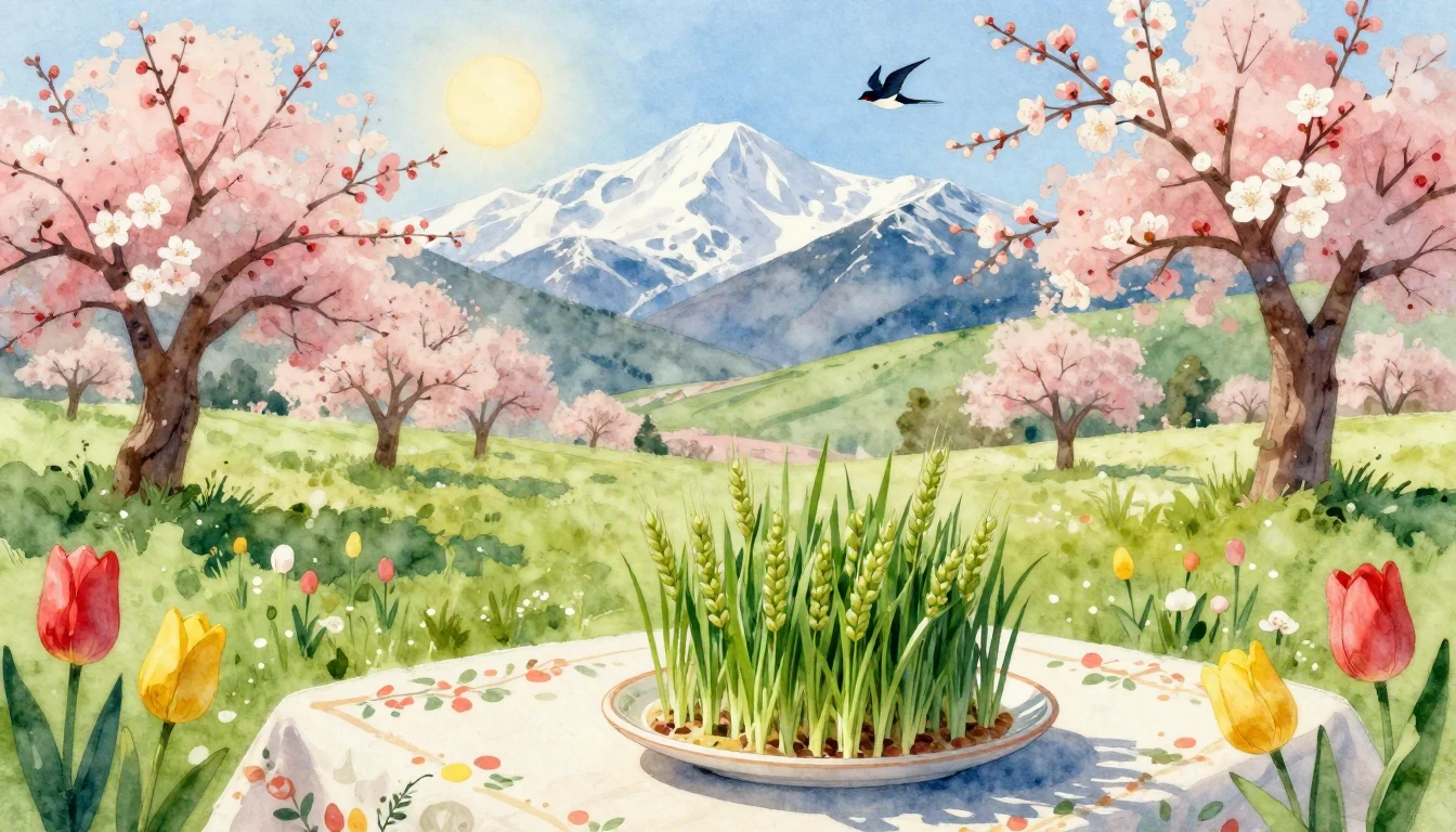 A vibrant watercolor painting depicting the arrival of Navru...