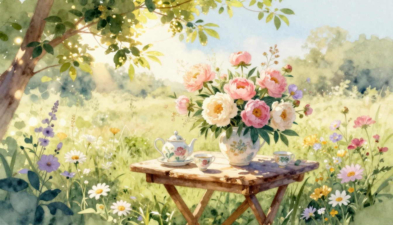 A beautiful watercolor painting of a sun-drenched outdoor ga...