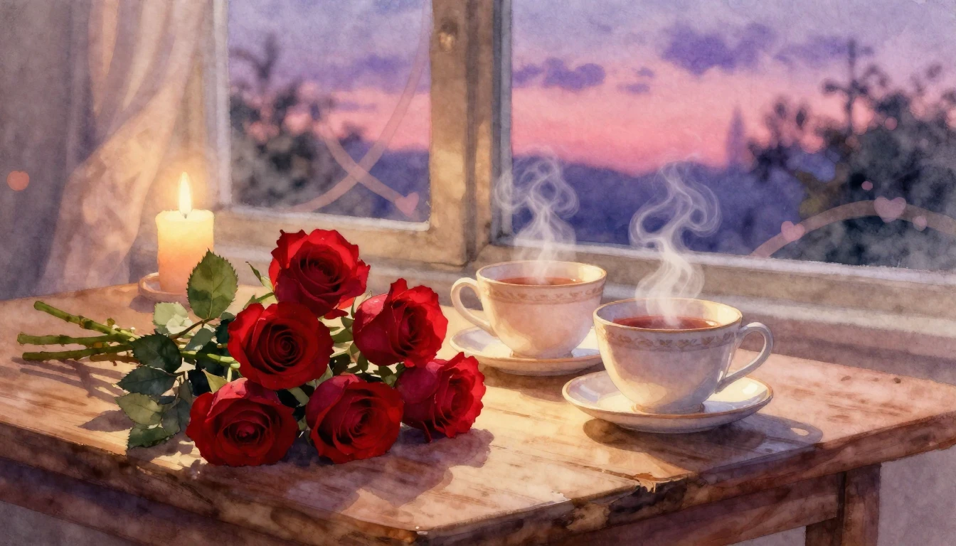 A romantic and dreamy watercolor painting focusing on a warm...