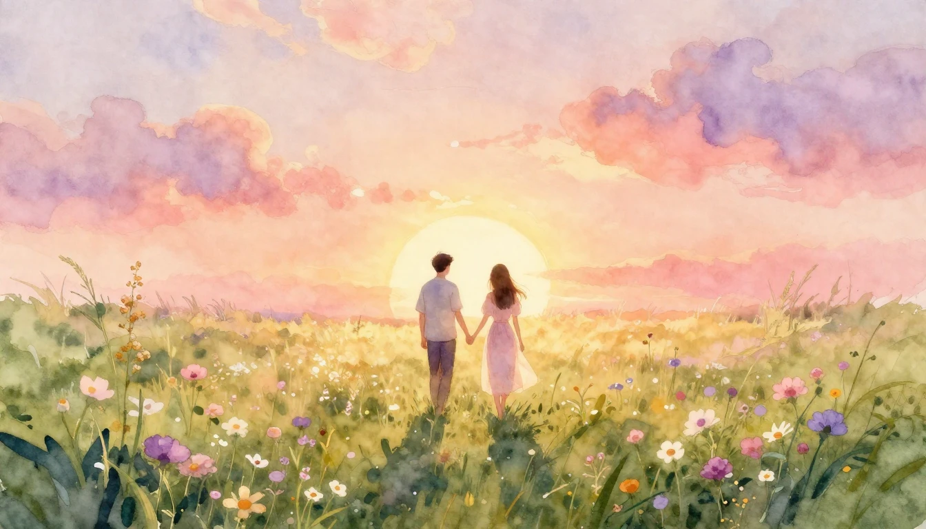 A romantic and ethereal watercolor painting depicting a coup...