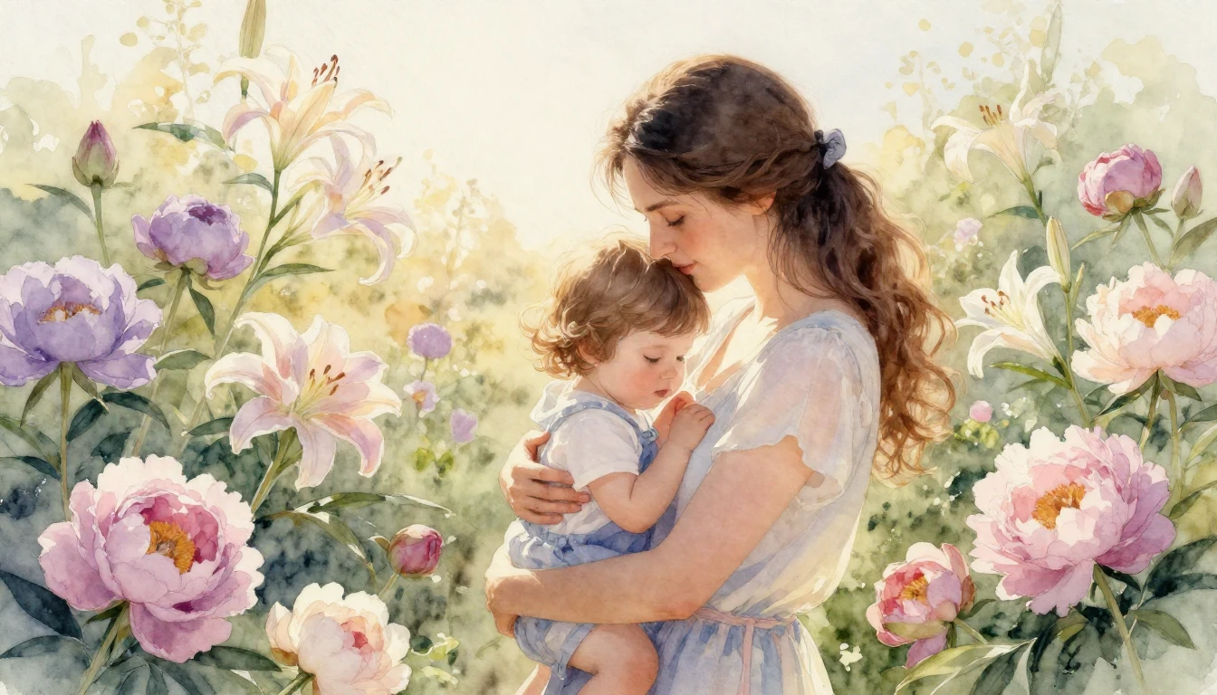 A breathtaking watercolor painting depicting a tender moment...