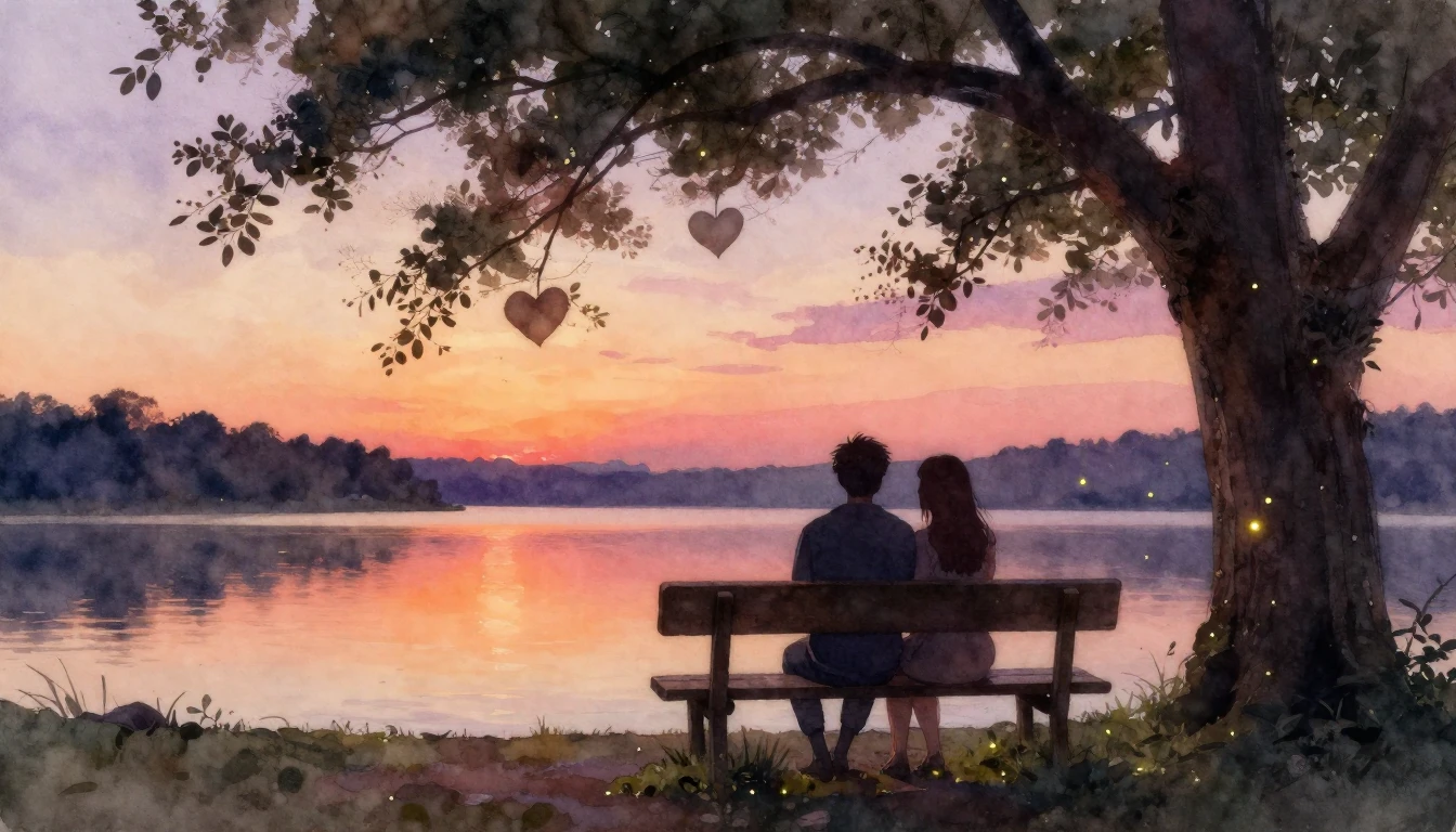 A romantic watercolor painting featuring two silhouettes sit...