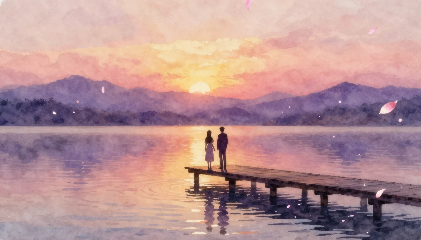 A romantic and ethereal watercolor painting of two silhouett...
