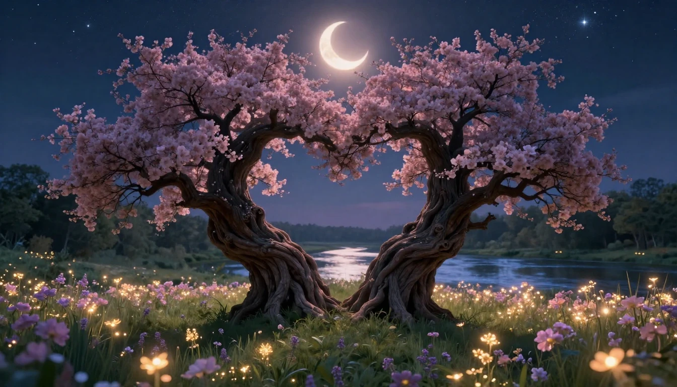 A breathtaking romantic scene featuring two ancient, majesti...