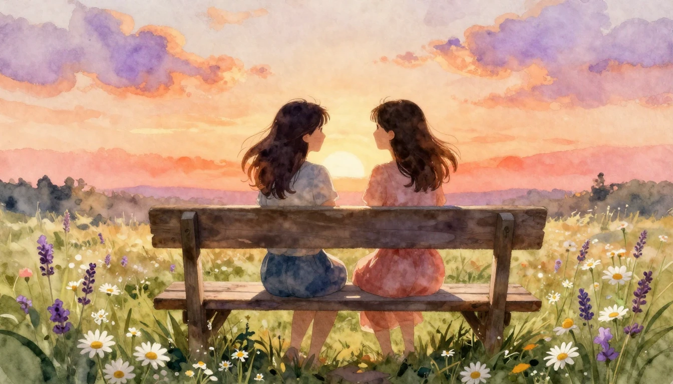 A warm and heartwarming scene in a soft watercolor style. Tw...