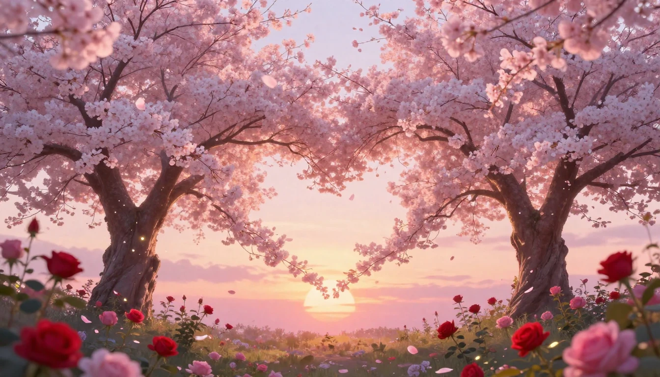 A soft and dreamy composition depicting two majestic cherry ...