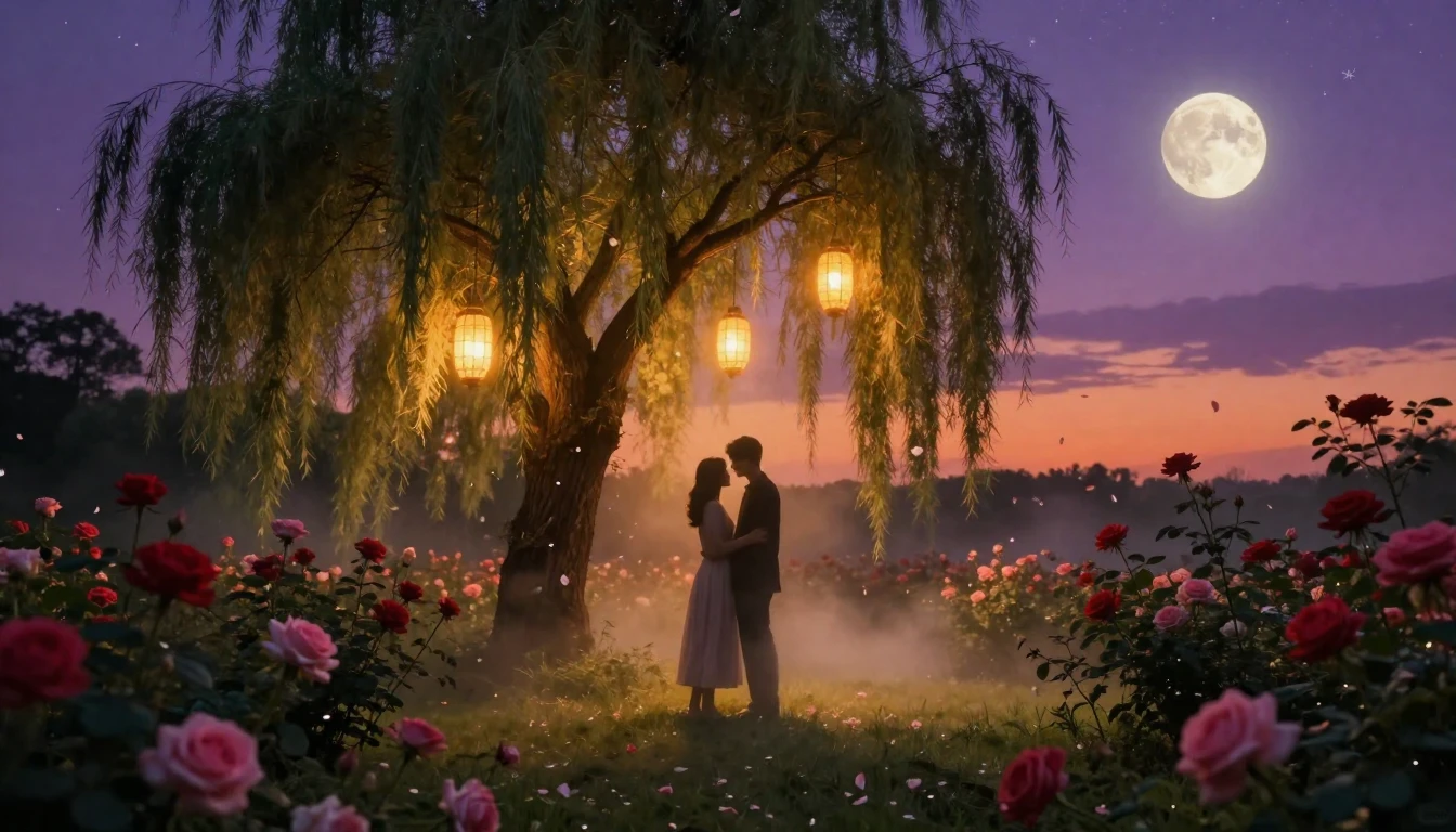 A romantic and ethereal scene set in a lush garden at twilig...