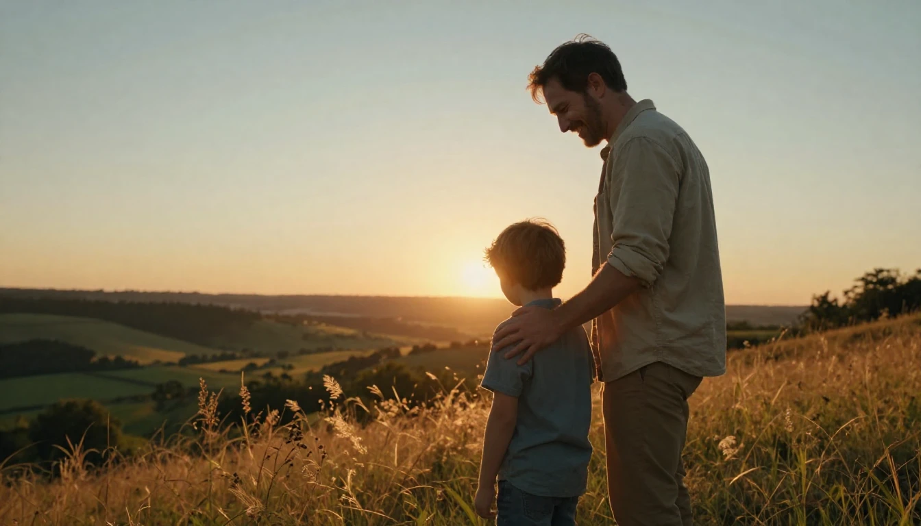 A wide cinematic shot capturing a heartfelt moment between a...