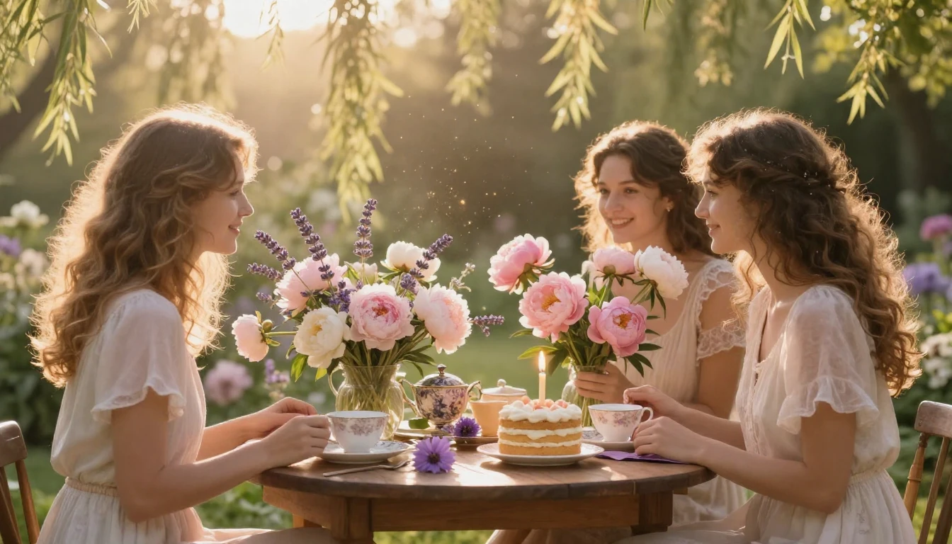 A warm and ethereal scene depicting a celebration of friends...