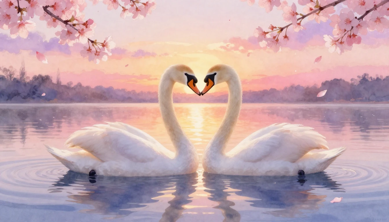 An ethereal and romantic watercolor painting depicting two e...