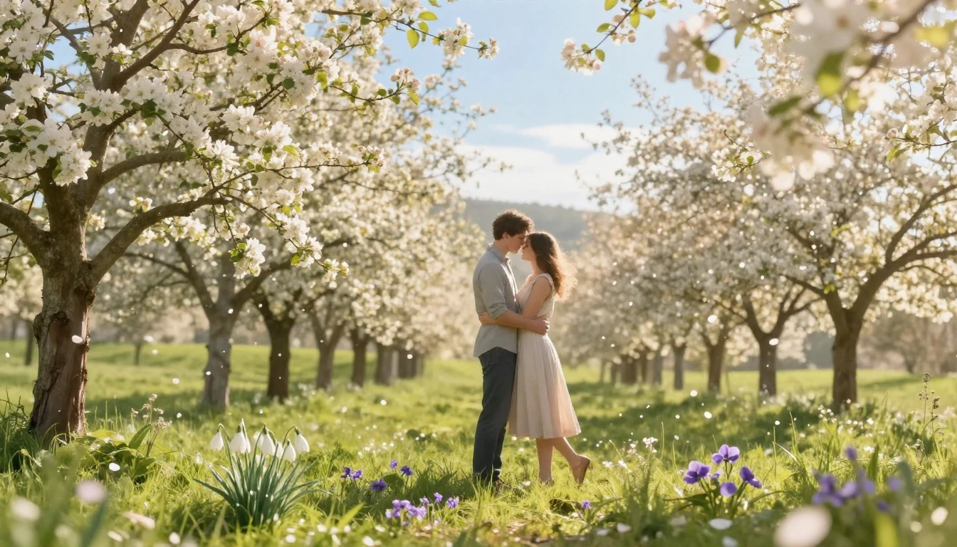 A romantic couple standing in a lush, blooming orchard durin...