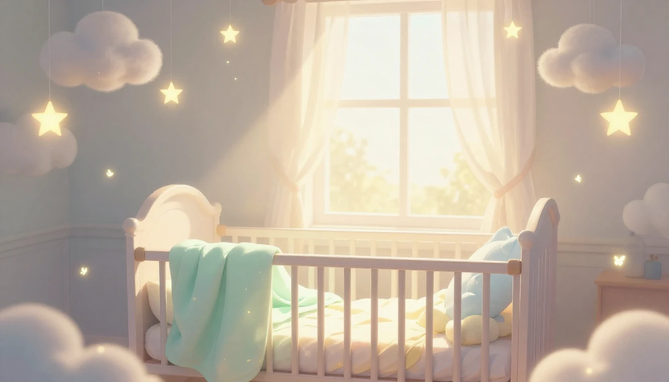 A gentle and heartwarming illustration of a cozy, magical nu...