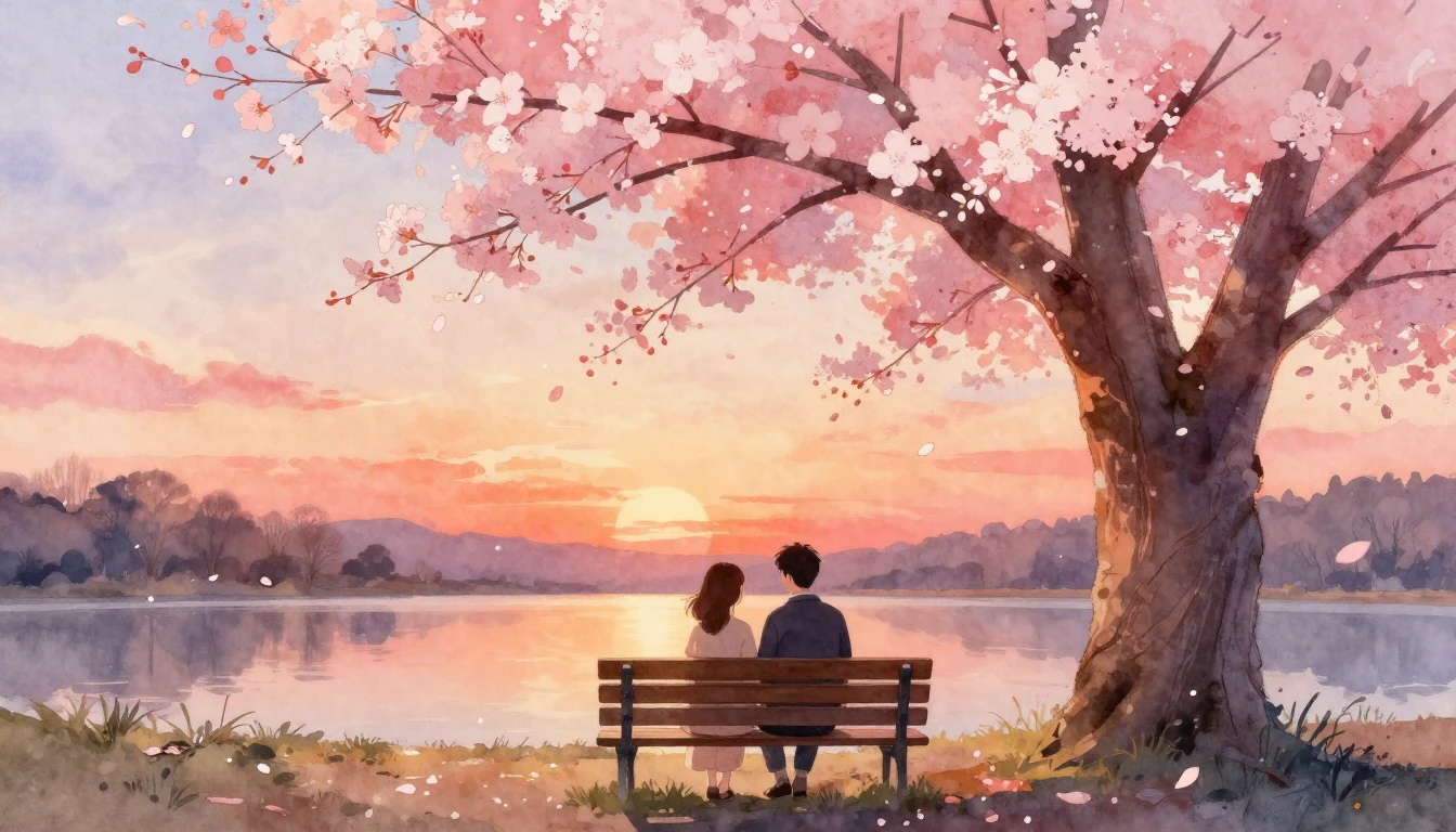 A romantic and dreamy watercolor illustration of a couple si...
