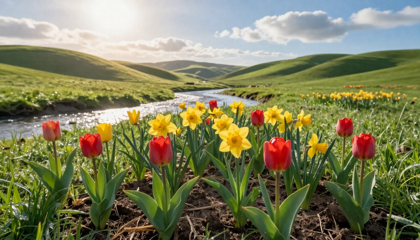 A breathtaking view of a spring meadow coming to life. In th...