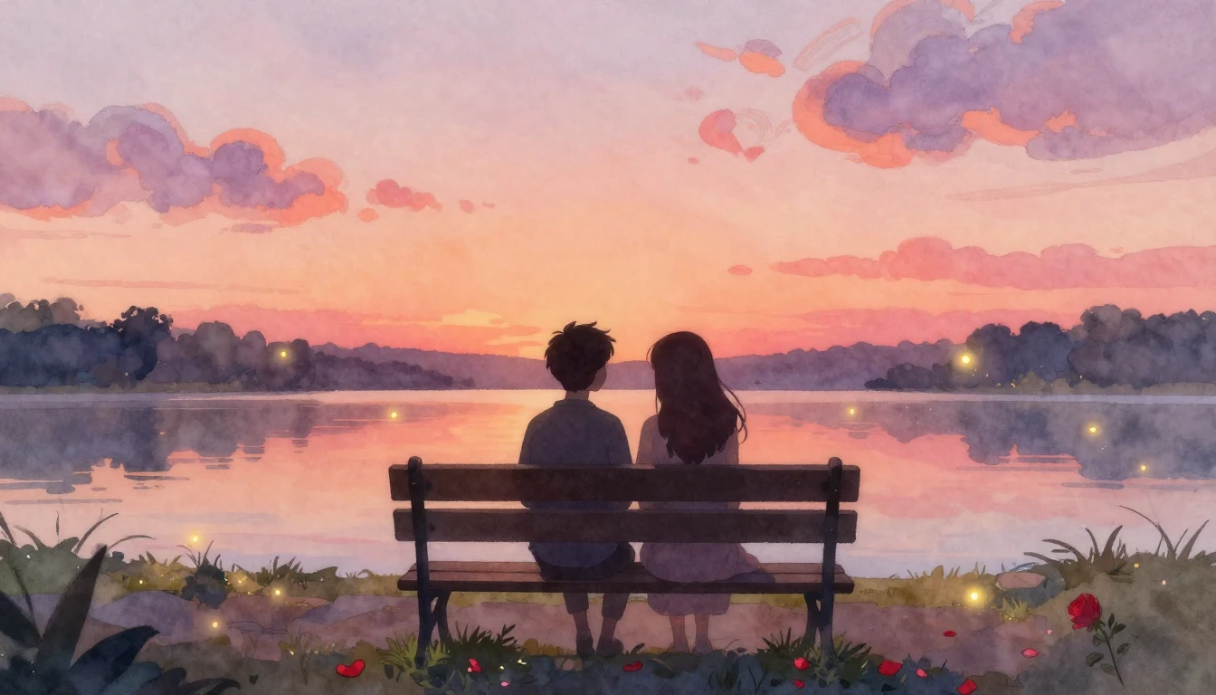 A soft and dreamy watercolor illustration of two silhouetted...