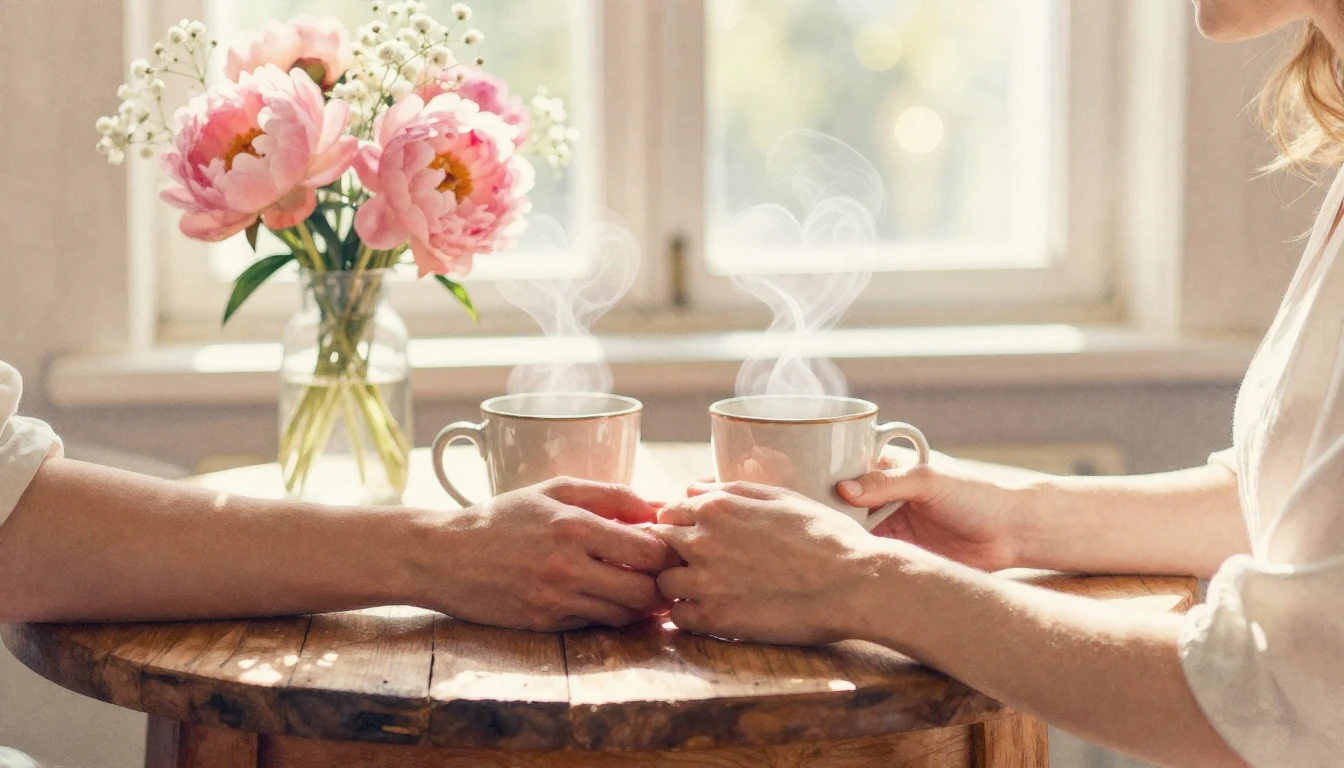 A romantic and cozy scene depicting two hands gently holding...