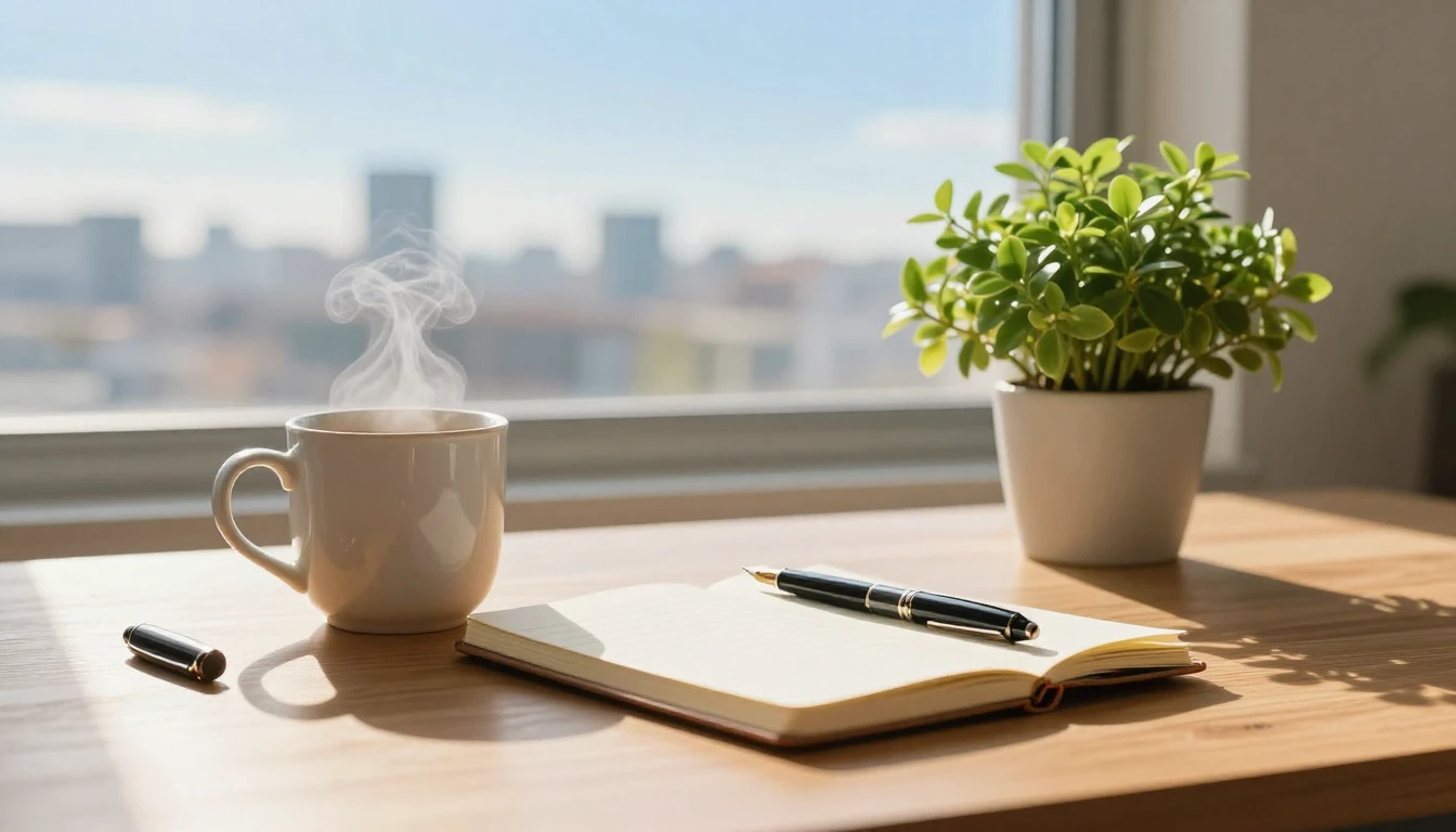 A bright and inspiring workspace bathed in the warm, golden ...