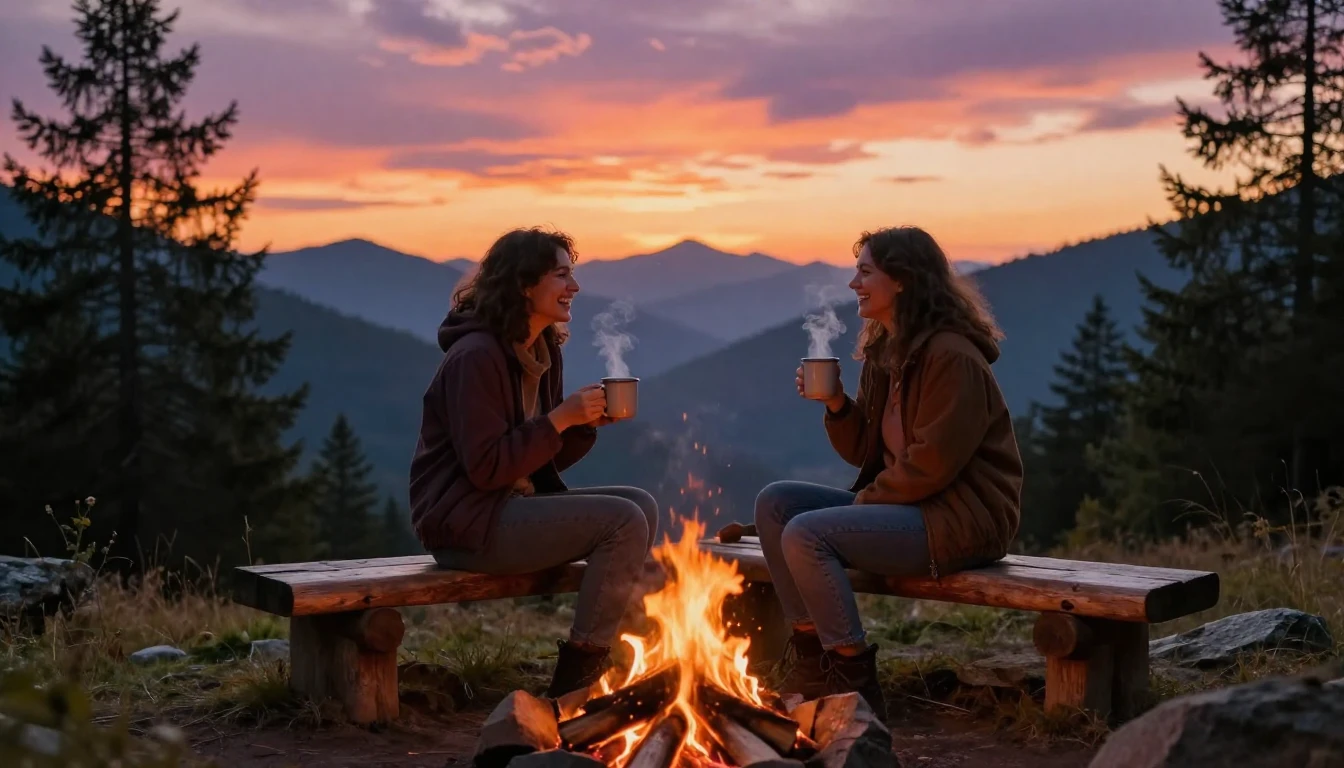 A heartwarming scene of two close friends sitting on a rusti...