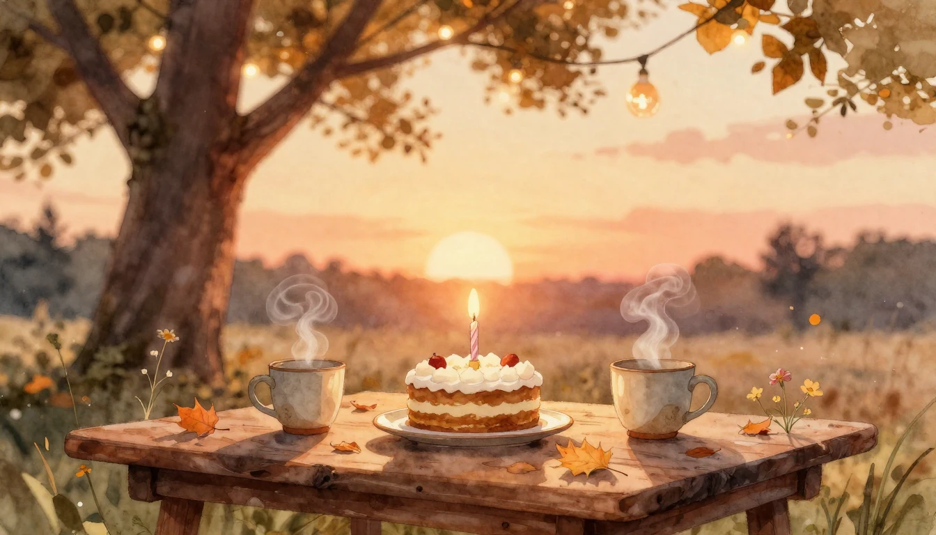 A warm and cozy outdoor scene during a golden hour sunset, s...