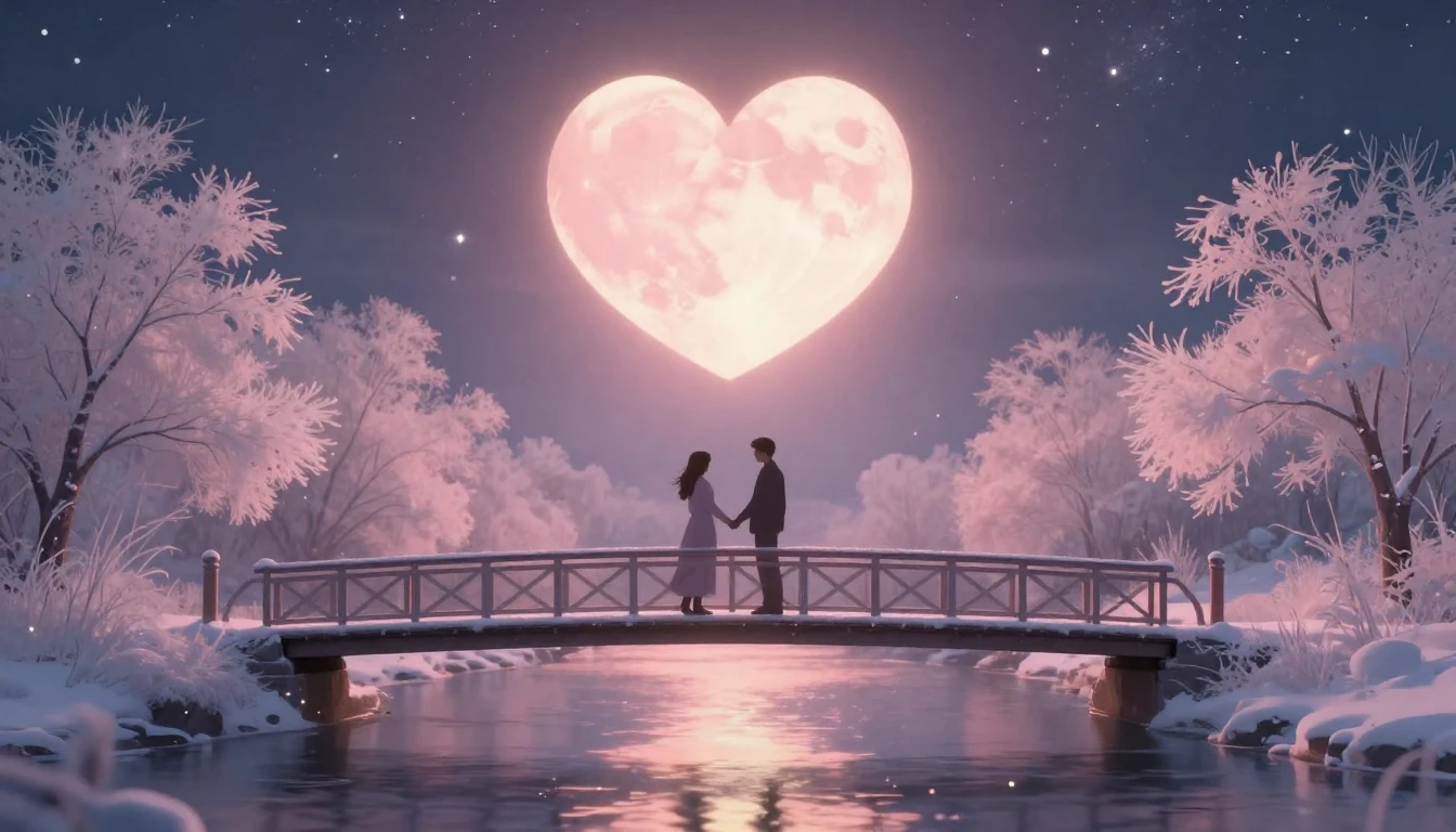 A romantic and dreamy scene featuring two silhouettes holdin...