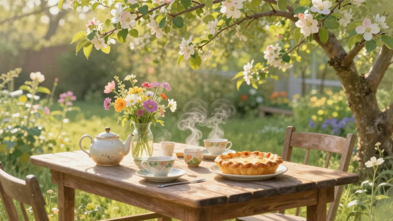 A cozy, sun-drenched wooden table in a blooming summer garde...