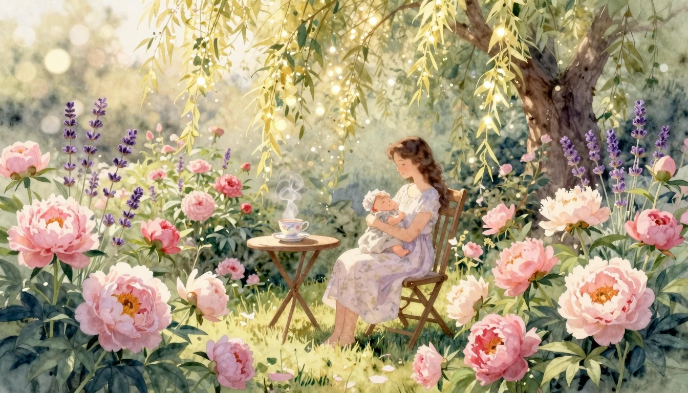 A delicate and warm watercolor painting of a lush, sun-drenc...